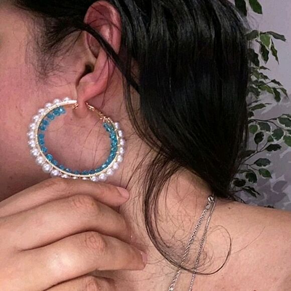 💖2/$30 Gold tone boho hoop pearl blue turquoise beaded coquette chunky earrings - Picture 12 of 17